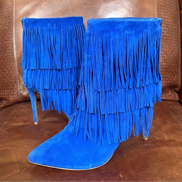 Steve Madden Cobalt Blue Suede Fringe Stiletto Booties Size 10 - Picture 5 of 11